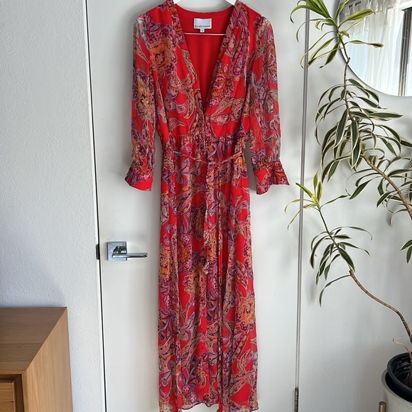 GILNER FARRAR Hana Paisley Long Sleeve Red Floral Midi Maxi Dress Sz M $375 - Picture 1 of 7